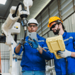 Two technicians inspecting industrial equipment